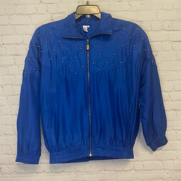 Vintage Studded Embellished royal blue Silk jacket size Large CoAco, full zip - Picture 8 of 9